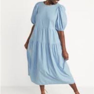 Old Navy Tiered Chambray Puff Sleeves All Day mid Swing Dress Size L light blue